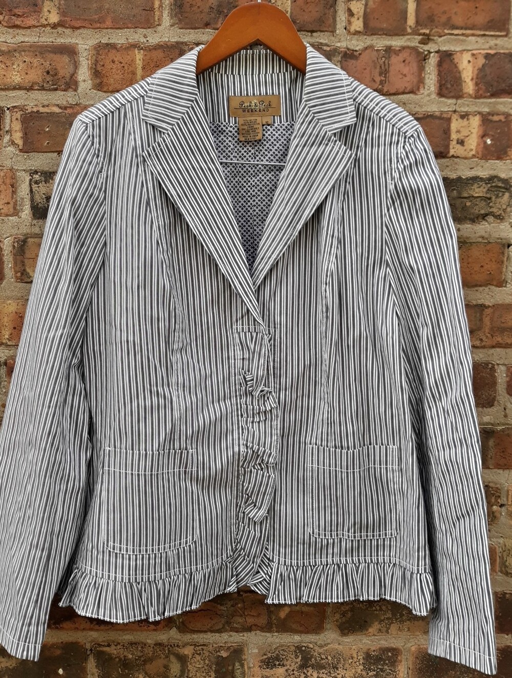 Peck & Peck Gray White Hickory Striped Lightweight Ruffle Blazer Jacket 12 L